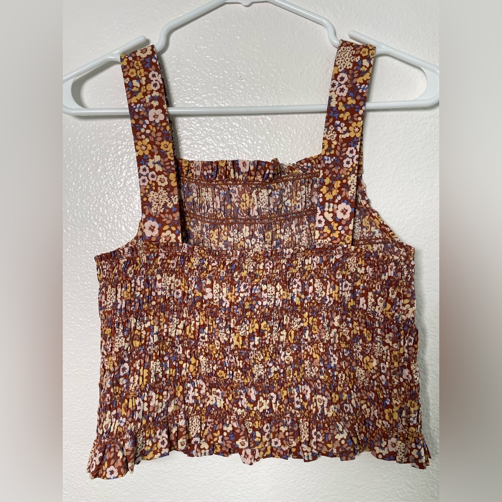 Everlane Floral Smocked Tank Top in Brown and Yellow - Picture 3 of 8